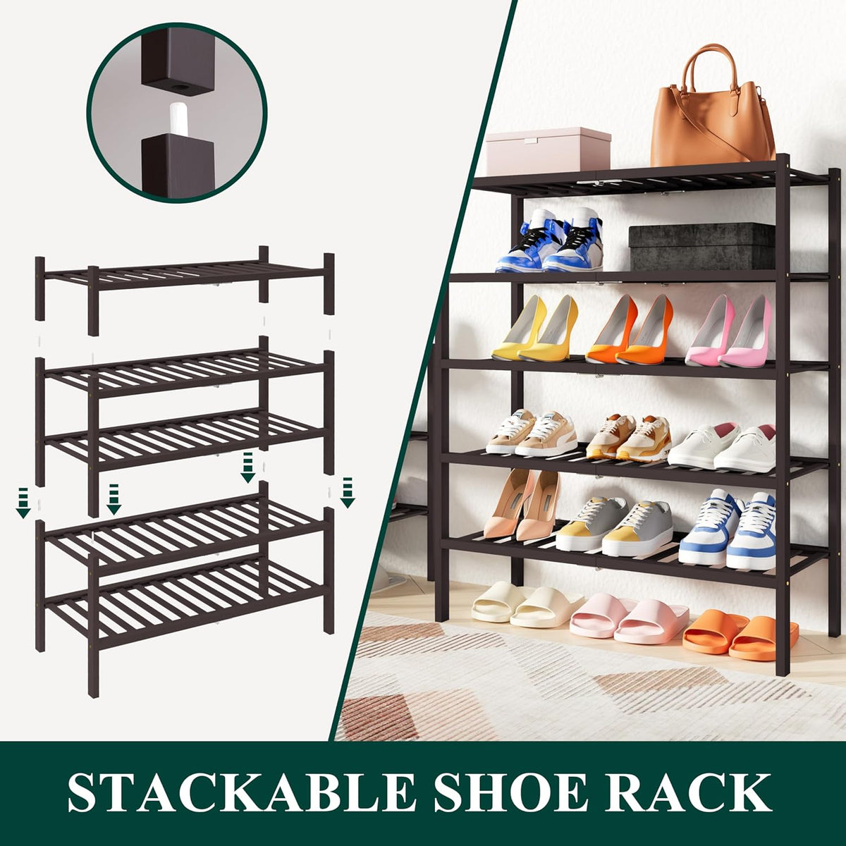 Smiry Shoe Rack, 6 Tier Thick Bamboo Shoe Organizer, Stackable Free Standing Wooden Shoe Storage Shelf for Closet, Entryway, Front Door Entrance, Brown
