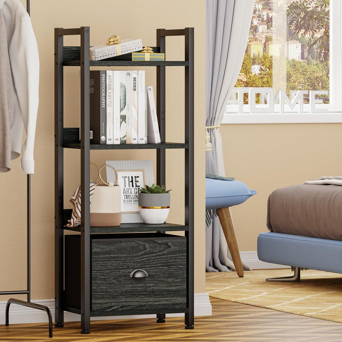 Furologee 4 Tier Bookshelf with Drawer, Small Narrow Bookcase, Wood and Metal Standing Shelf Unit, Industrial Display Storage Shelves Organizer for Bedroom, Living Room, Entryway, Black