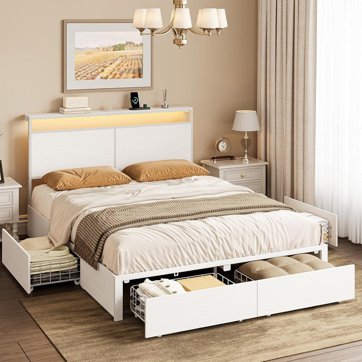 Queen Bed Frame with 4 Storage Drawers Bed Frame Queen Size with Headboard LED Lights Charging Station Metal Slats Platform Heavy-Duty Support No Box Spring Needed White