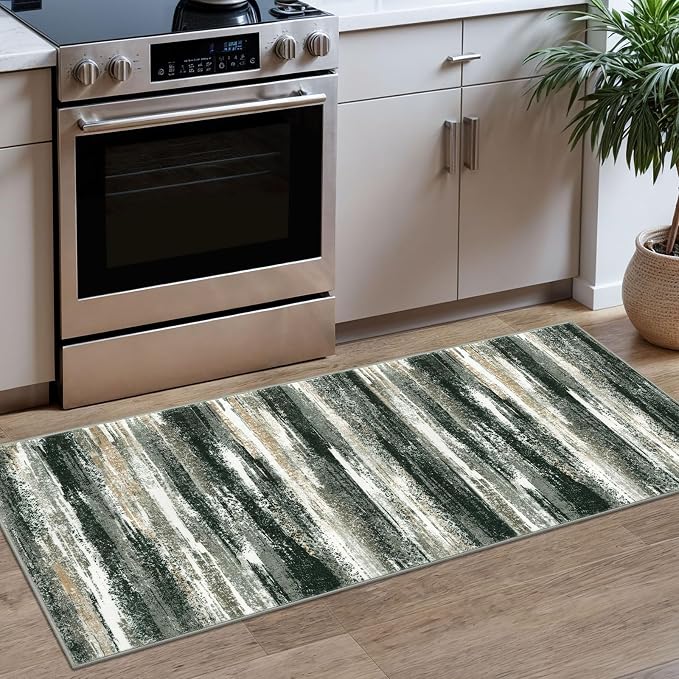 Lansny Modern Abstract Runner Rug 2x5, Forest Green Washable Entryway Kitchen