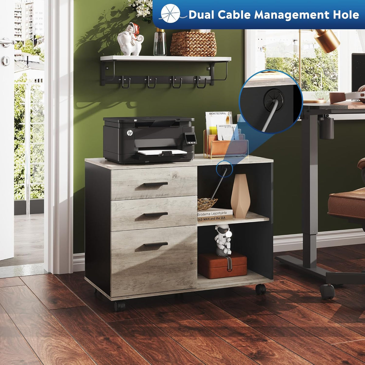 DEVAISE 3 Drawer Mobile File Cabinet, Wood Lateral Filing Cabinet, Printer Stand with Open Shelves for Home Office, Greige