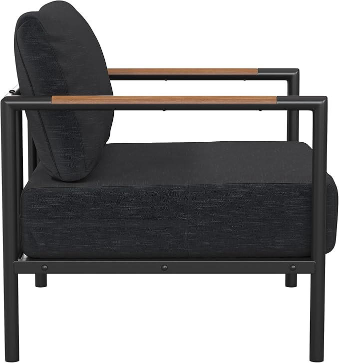 Flash Furniture Lea Indoor/Outdoor Patio Chair with Cushions - Modern Aluminum Framed Chair with Teak Accented Arms, Black with Charcoal Cushions