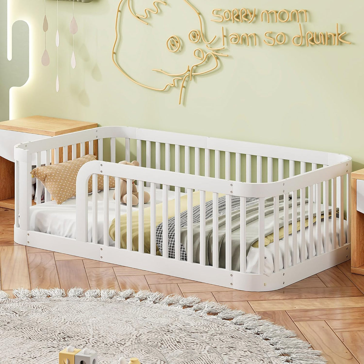 Bellemave Twin Floor Bed with High Fence and Rounded Corner Design, Wood Montessori Floor Bed with Guardrail and Entrance, Easy Assemble Montessori Bed Twin Size, White