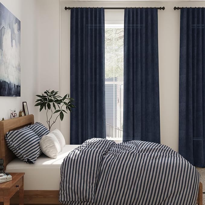 Navy Blue Linen Sheer Curtains 108 Inches Long Back Tab Rod Pocket 2 Panels