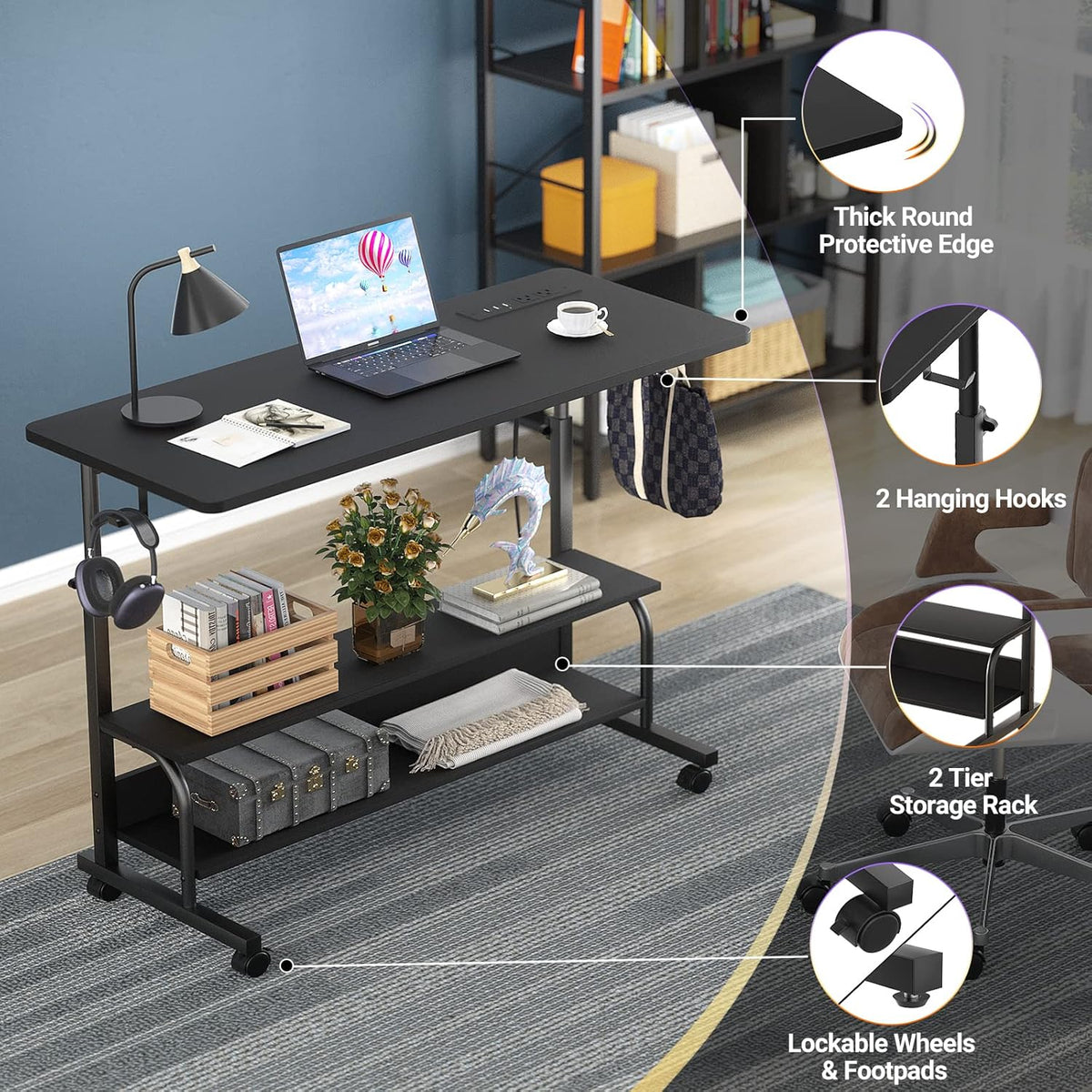 Armocity Height Adjustable Standing Desk with Power Outlets, 39" Manual Stand Up Desk with Storage Shelves Small Mobile Rolling Computer Desk Portable Laptop Table with Wheels for Home Office, Black
