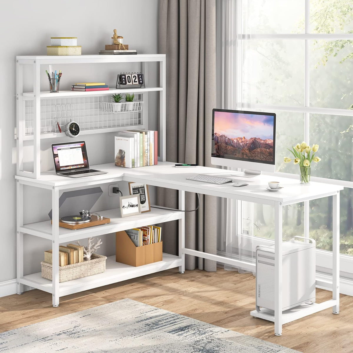 Tribesigns 55" Large Computer Desk with Wireless Charging 5 Storage Shelves, Office Desk Study Table Writing Desk Workstation with Hutch Bookshelf for Home Office (All White)