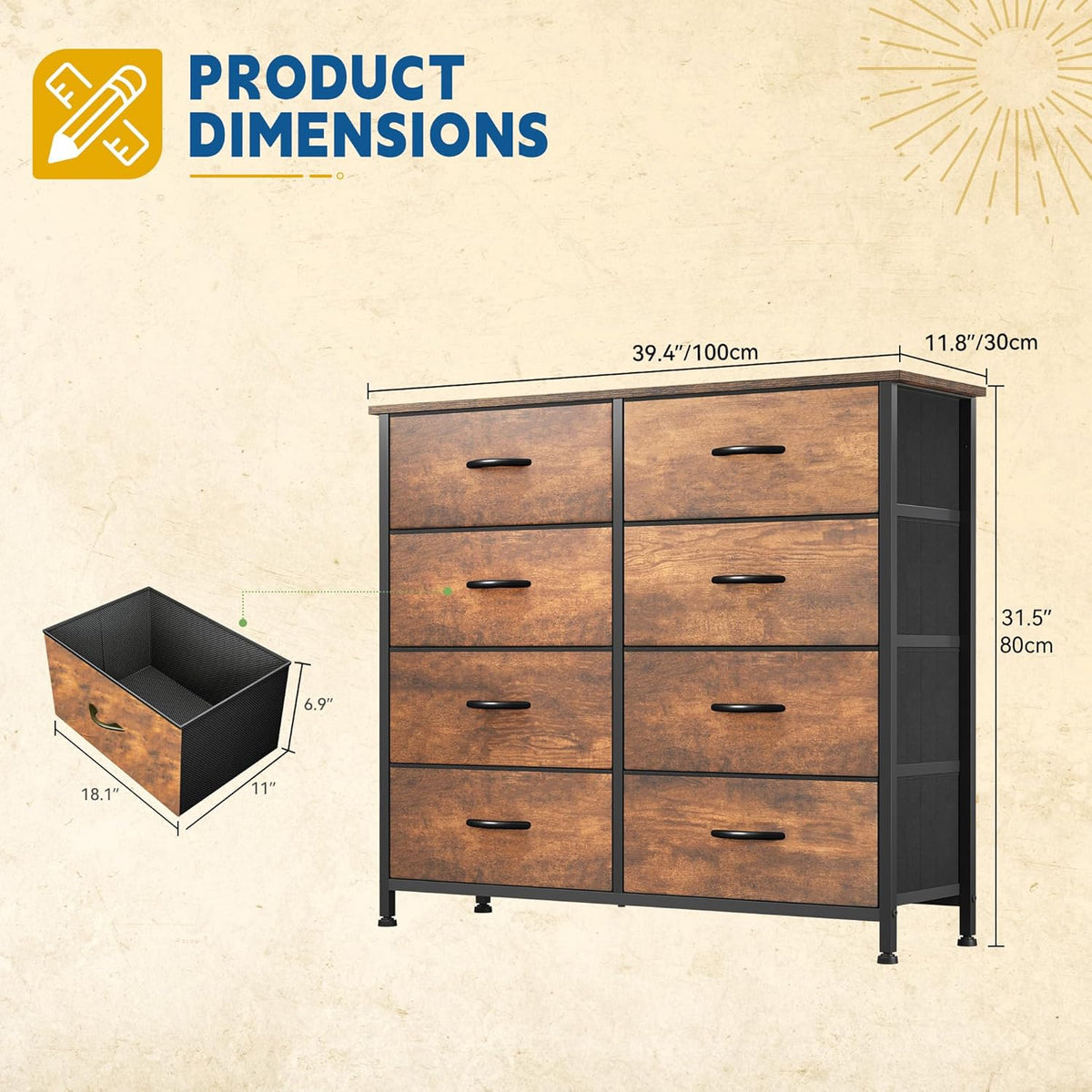 DWVO 8 Drawers Fabric Dresser, Furniture Storage Tower Cabinet, Organizer for Bedroom, Living Room, Hallway, Closet, Sturdy Steel Frame, Wooden Top, Easy-to-Pull Fabric Bins