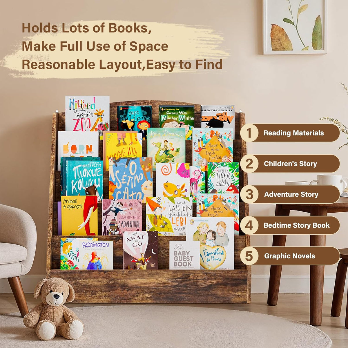 TOETOL 5-Tier Kids Bookshelf - Toddler Book Display Shelves for Classrooms, Playrooms, and Nursery - Wooden Children Book Rack (Rustic Brown)