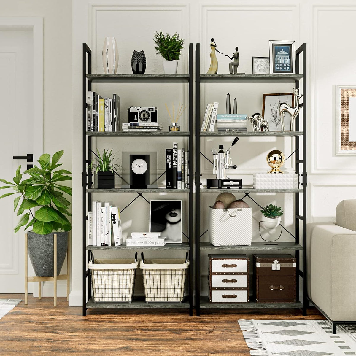 NUMENN 5 Tier Bookshelf, Tall Bookcase Shelf Storage Organizer, Modern Book Shelf for Bedroom, Living Room and Home Office, Dark Grey