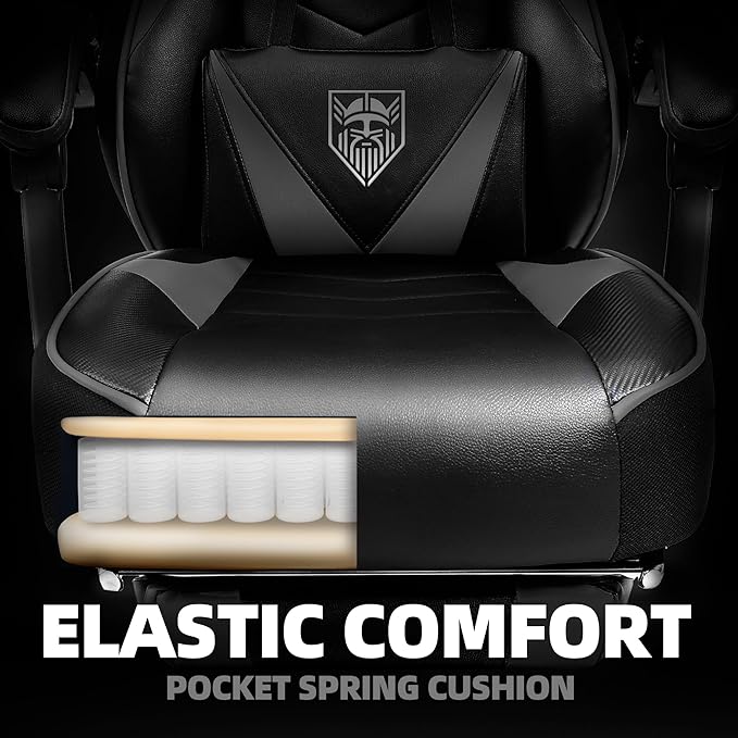 Vonesse Gaming Chair, High Back Gaming Chair with Footrest and Massage, Gaming Chairs for Adults with Pocket Spring Cushion, Big and Tall Reclining Computer Chair with Lumbar Support (Grey/Black)
