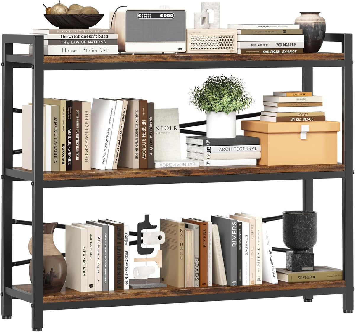 3 Tier Bookshelf 39.37" Width, Dorm Desk Hutch, Desk Shelf, Long Industrial Bookcase, Wooden Large Book Shelf for School Home Living Room Bedroom Office Storage(Vintage)