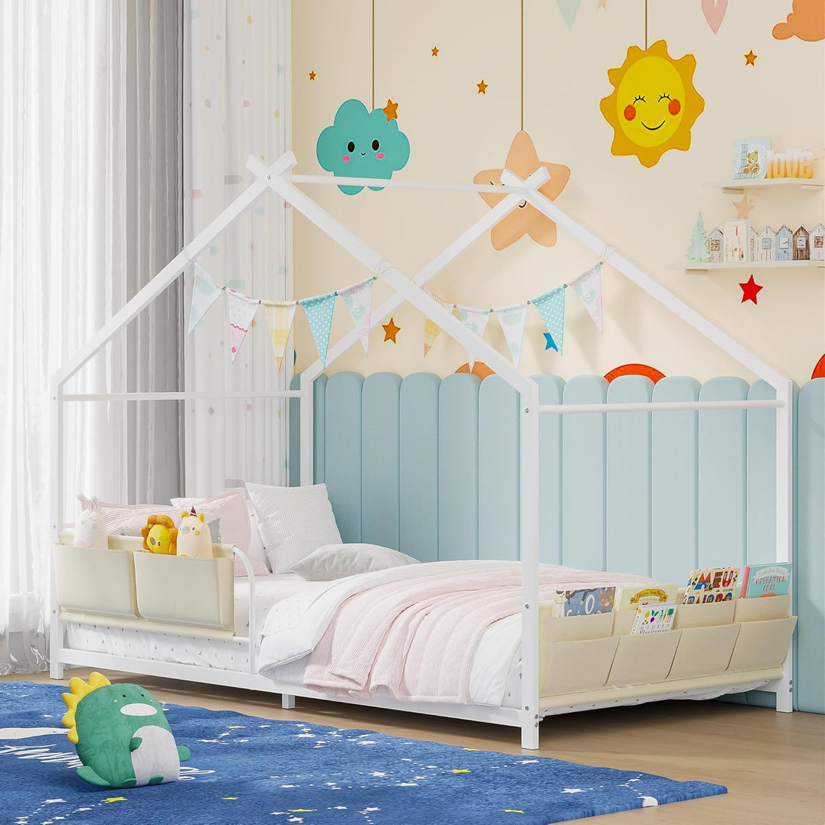 Timy House Shape Twin Size Montessori House Bed Metal Floor Bed with Caddy Twin Bedframe for Kids No Box Spring Needed White