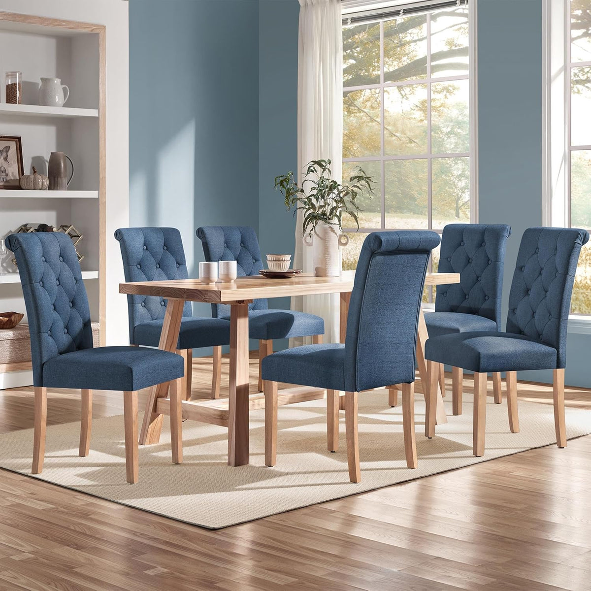 Yaheetech Dining Chairs Set of 6 Fabric Upholstered Dining Room Chairs with Button Tufted High Back and Solid Wood Legs for Kitchen/Living Room/Restaurant, Modern Style, Blue
