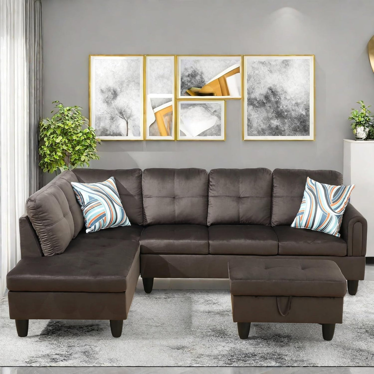 Convertible Sectional Couch, Large L Shaped Couch with Storage, Modern Modular 5-Seat Sectional Sofa with Ottomans for Living Room and Office, Dark Brown
