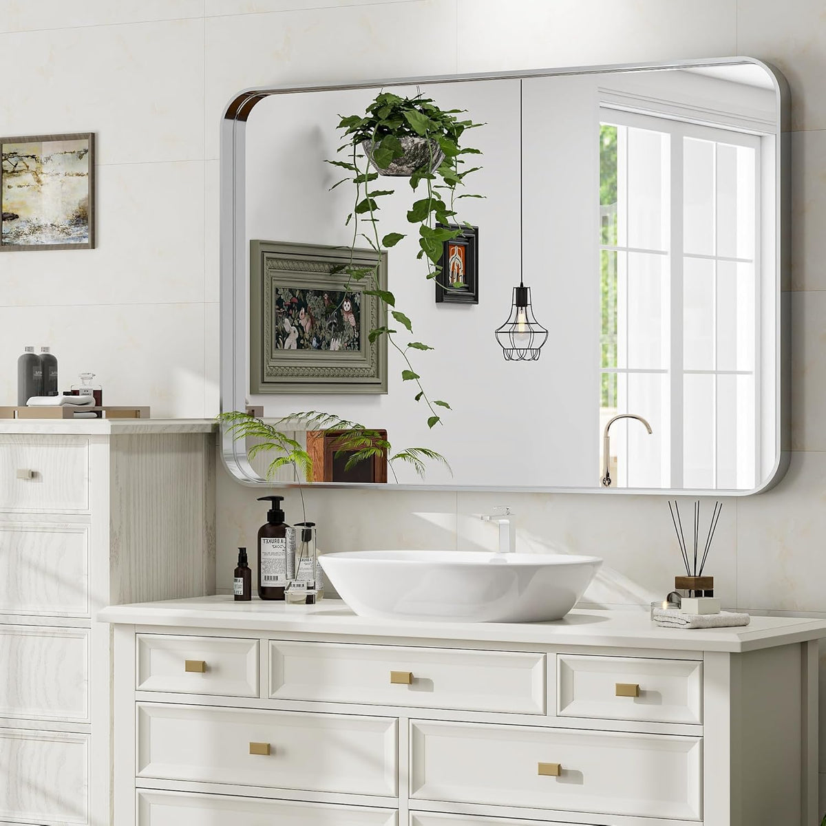 Silver Bathroom Mirror for Wall, 40x30 Inch Rectangular Aluminum Alloy Framed Mirror, Modern Wall Mounted Vanity Mirror for Bathroom, Vertical or Horizontal