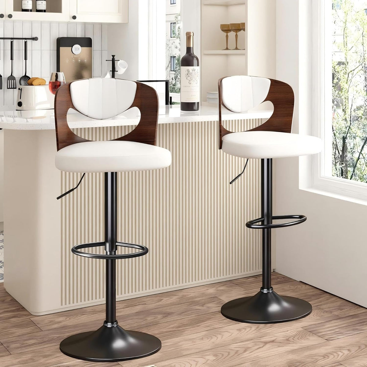VECELO BarStools Set of 4,Kitchen Island Stools with Bentwood Back,Arm&Footrest,Counter Height Bar Chairs PU Leather Cushion Seat Adjustable Height 360°Swivel,Island Chairs for Club Pub,Creamy White