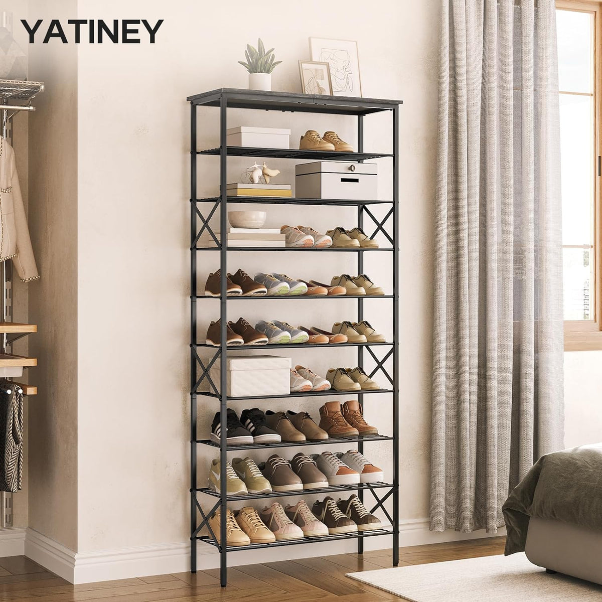 10 Tier Shoe Rack, Large Capacity Shoe Storage Organizer Holds 40 Pairs, Durable and Stable, for Entryway, Hallway, Closet, Dorm Room, Charcoal SS10BCG1