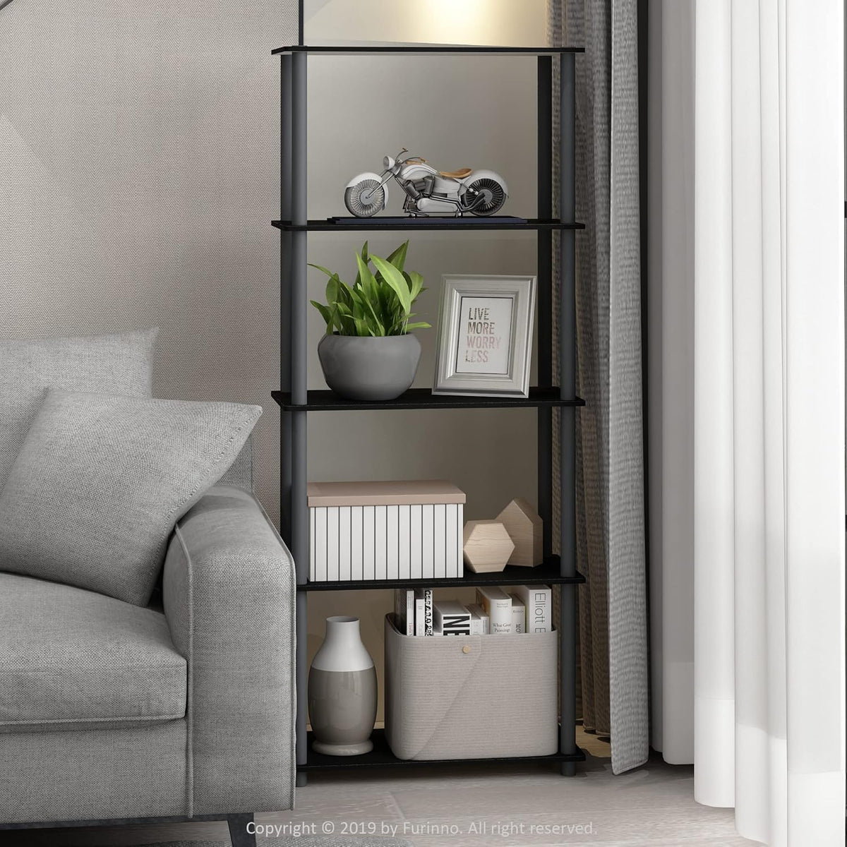 Furinno Turn-N-Tube 5-Tier Multipurpose Shelf / Display Rack / Storage Shelf / Bookshelf, Round Tubes, Black/Grey