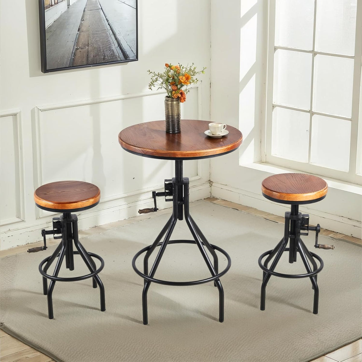 Diwhy Industrial Farmhouse Counter Stool Wooden Seat Height Adjustable with Handle Kitchen Bar Stool Black Set of 2