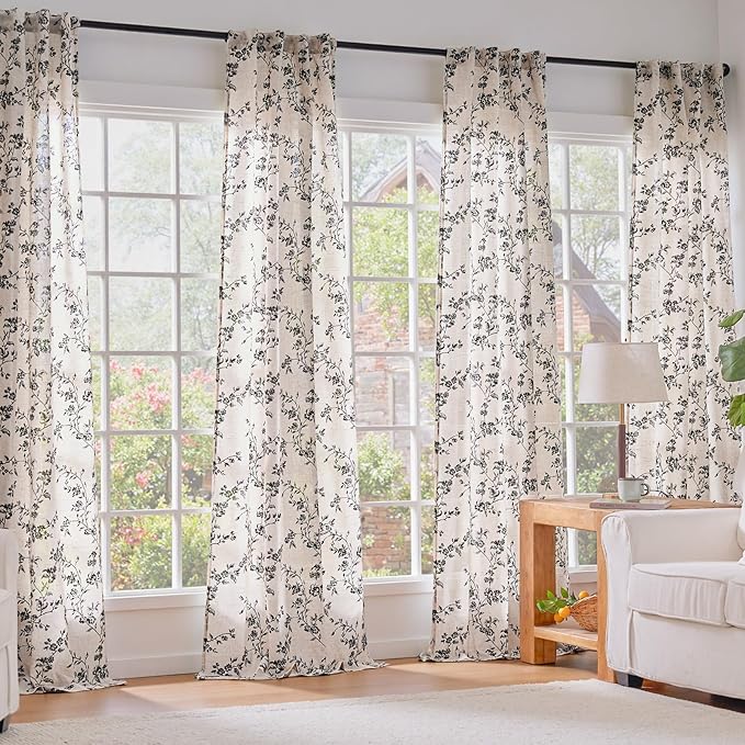 Lazzzy Black Floral Linen Curtains 96 Inch Farmhouse Back Tab Drapes