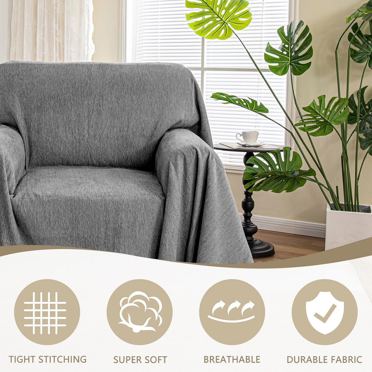 MYSKY HOME Chair Couch Covers Sectional Couch Covers for Pet Sofa Covers, Non Slip Soft Couch Sofa Cover, Washable Furniture Protector Sofa Slipcover with Tassel Throws, 71"x91", Dark Grey