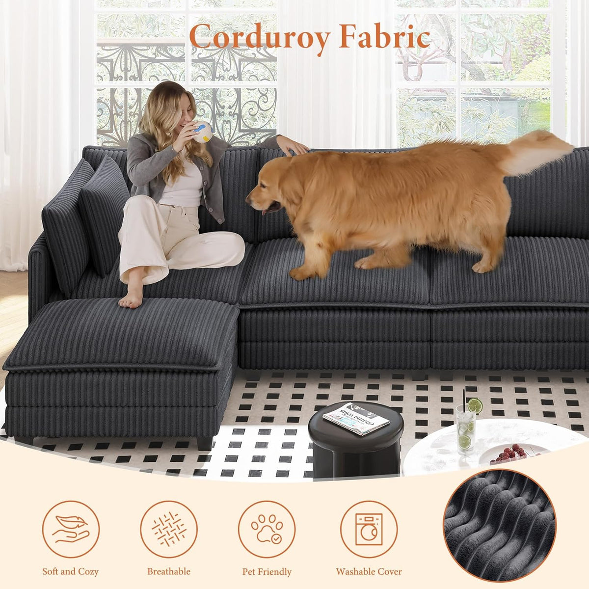 Vesgantti 143" L Shaped Modular Sectional Sofa, Comfy Corduroy Upholstered Modular Sectional Couches for Living Room, Modern Cloud Couch with Ottoman Deep Seat, Dark Grey