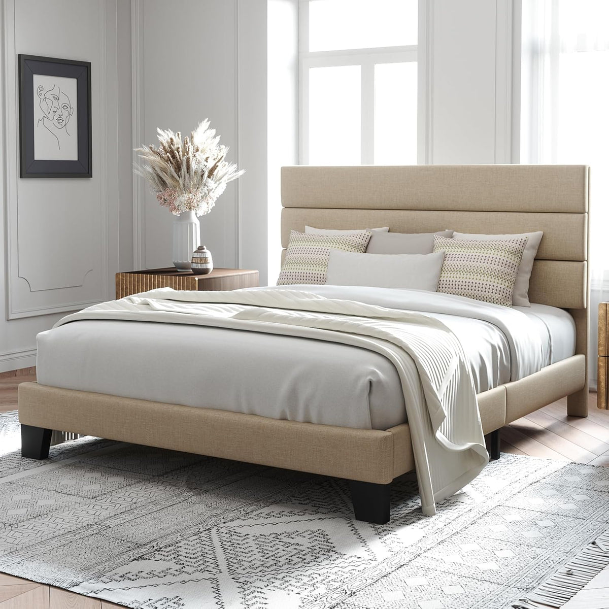 Allewie Full Size Platform Bed Frame with Fabric Upholstered Headboard and Wooden Slats Support, Fully Upholstered Mattress Foundation/No Box Spring Needed/Easy Assembly, Beige