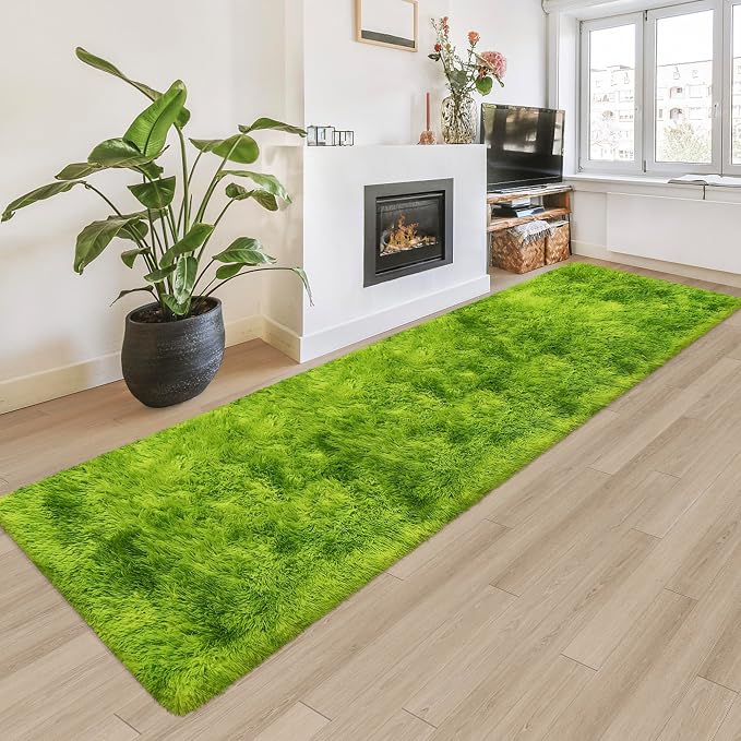 Tie-Dyed Runner Rug for Bedroom Green 2x8ft Fluffy Area Rug Bedside Runner Rug