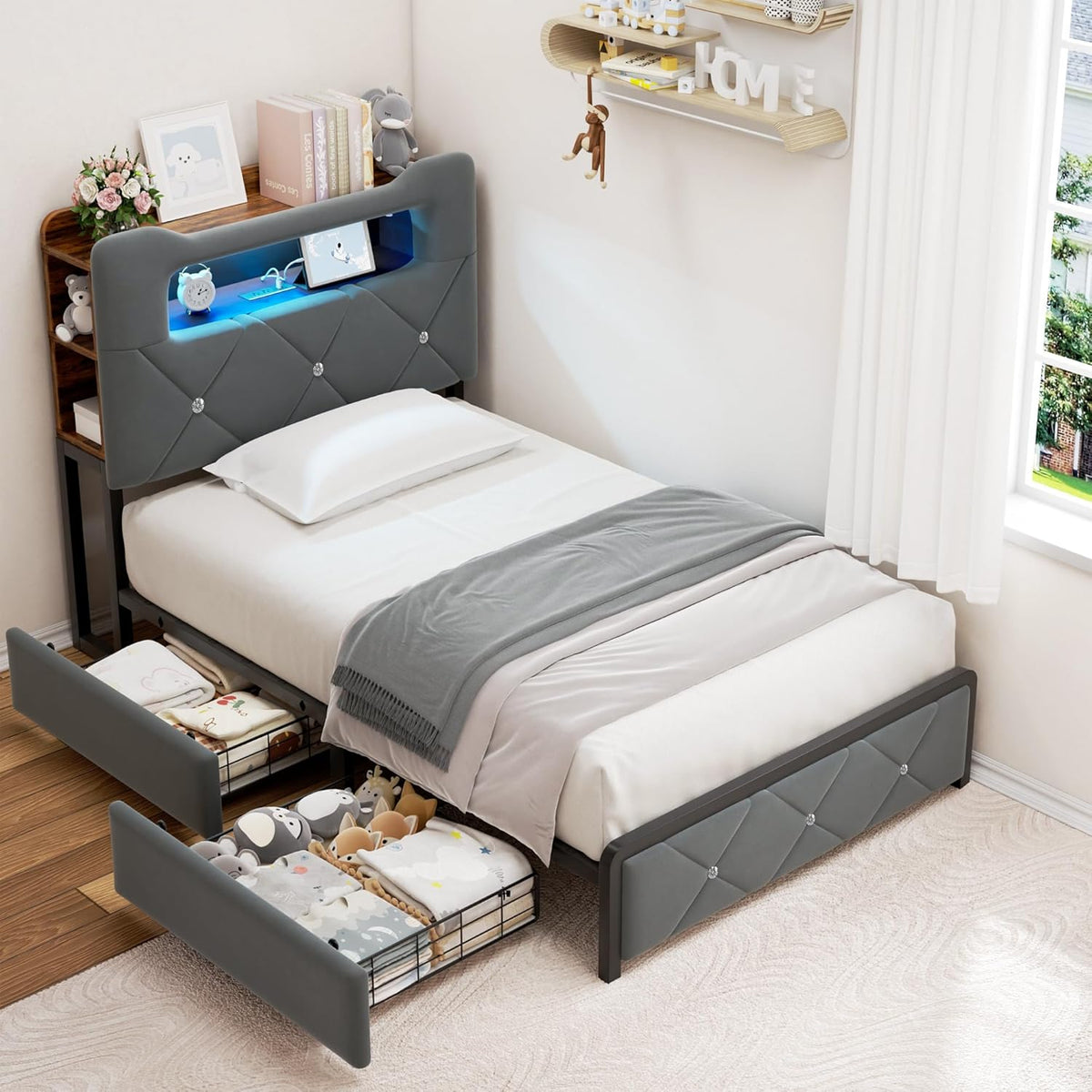 Twin Upholstered LED Bed Frame with 2 Storage Drawers and 2-Tier Storage Bookcase Headboard, Velvet Platform Bed for Kids/Girls/Boys, Corner Bed Frame, Heavy Duty Metal Support, Grey