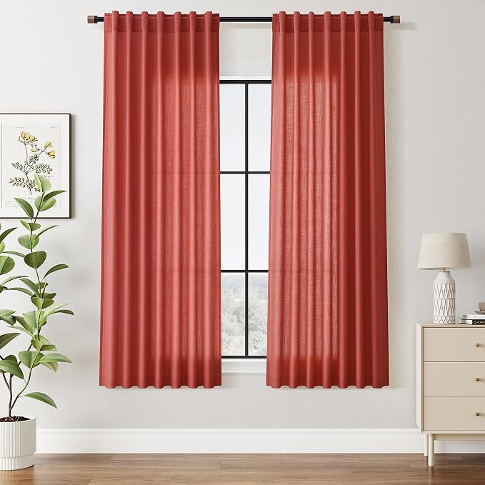 Christmas Red Linen Curtains 63 Inch Length