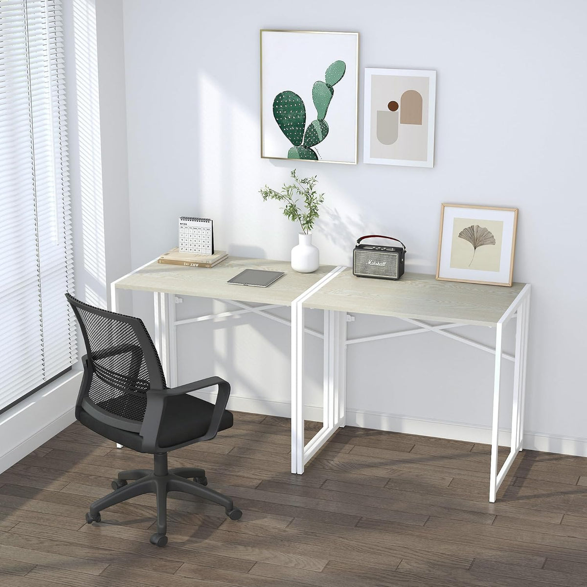 32 inch Small Folding Desk, Writing Gaming Computer Camping Desk for Small Spaces, No Assembly Required Home Office Desk, Natural and White