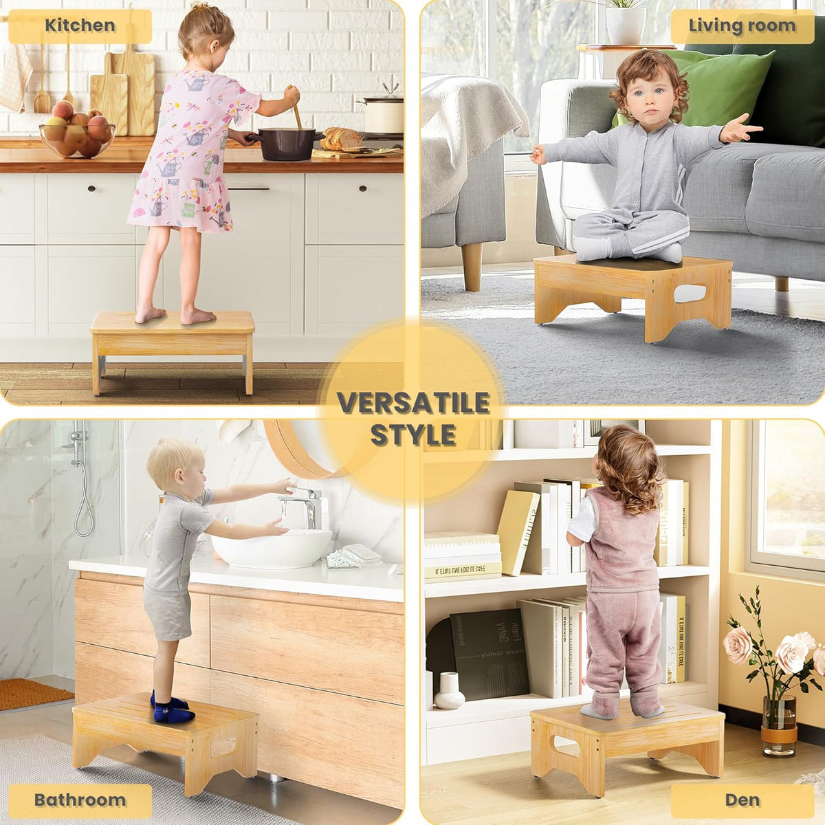 Wooden Step Stool for Adults & Kids, Non-Slip Rubber Feet, 6.5 Inch High, Lightweight Small Step, 400 Lbs Capacity, Bed Step Stool for High Bed, Bathroom & Kitchen, Bamboo
