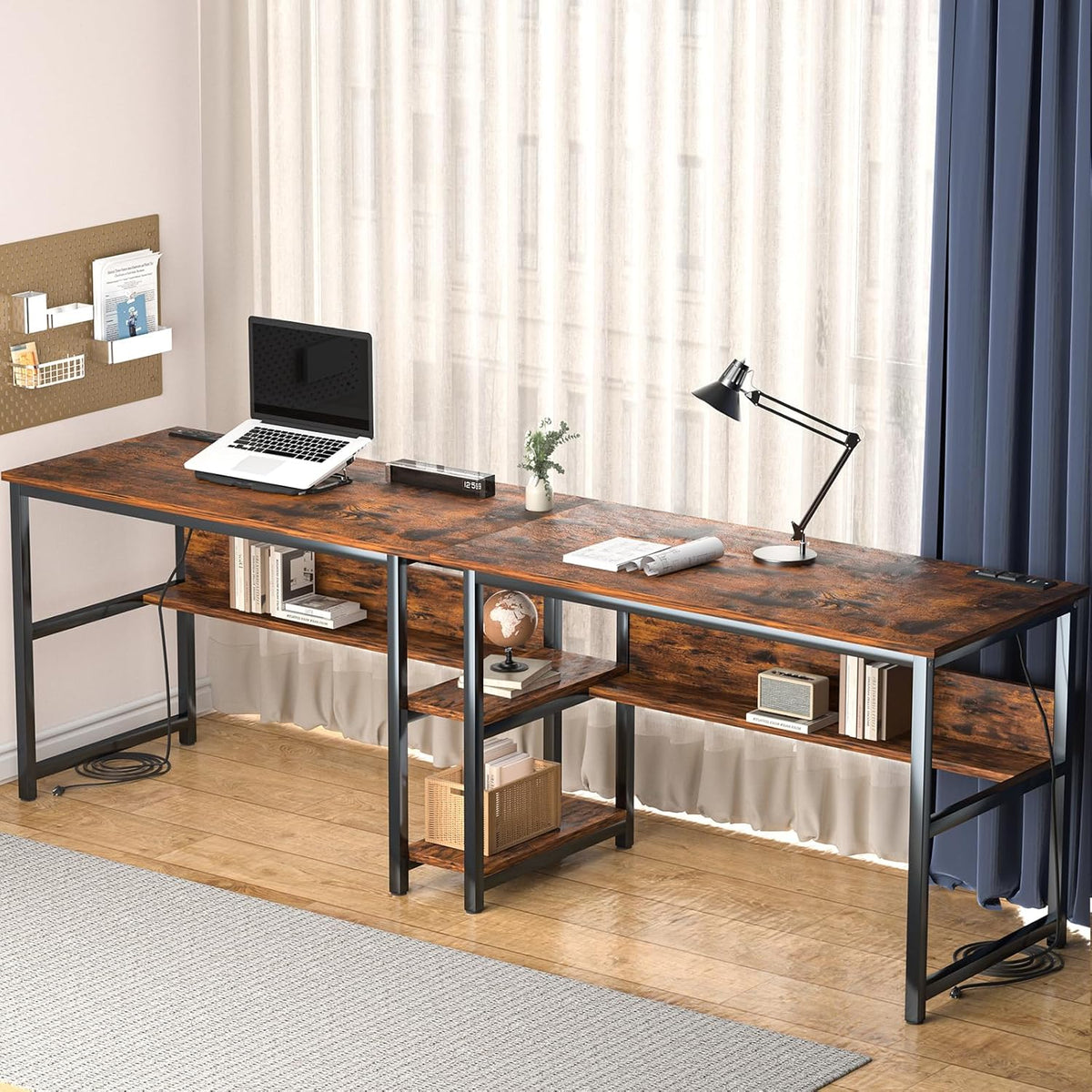 78.74" Two Person Desk with 2 Power Strips, Double Desk with Shelves, Long Computer Desk for Two People, Wood Writing Desk Workstation for Home Office, 23.62"D x 78.74"W x 29.52"H, Rustic Brown