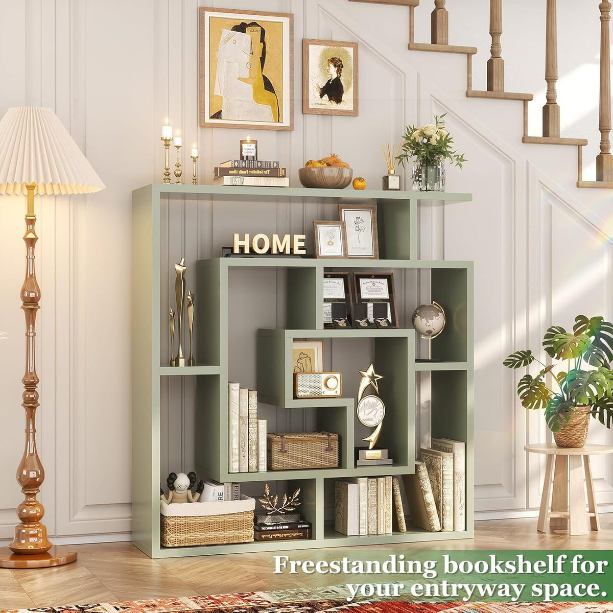 Armocity 6 Tier Display Book Shelf Wall Mounted Bookshelf Freestanding Geometric Bookcase Floating Book Shelves for Wall Bedroom Living Room Home Office, 45.5"(W) * 47"(H), Crab Green