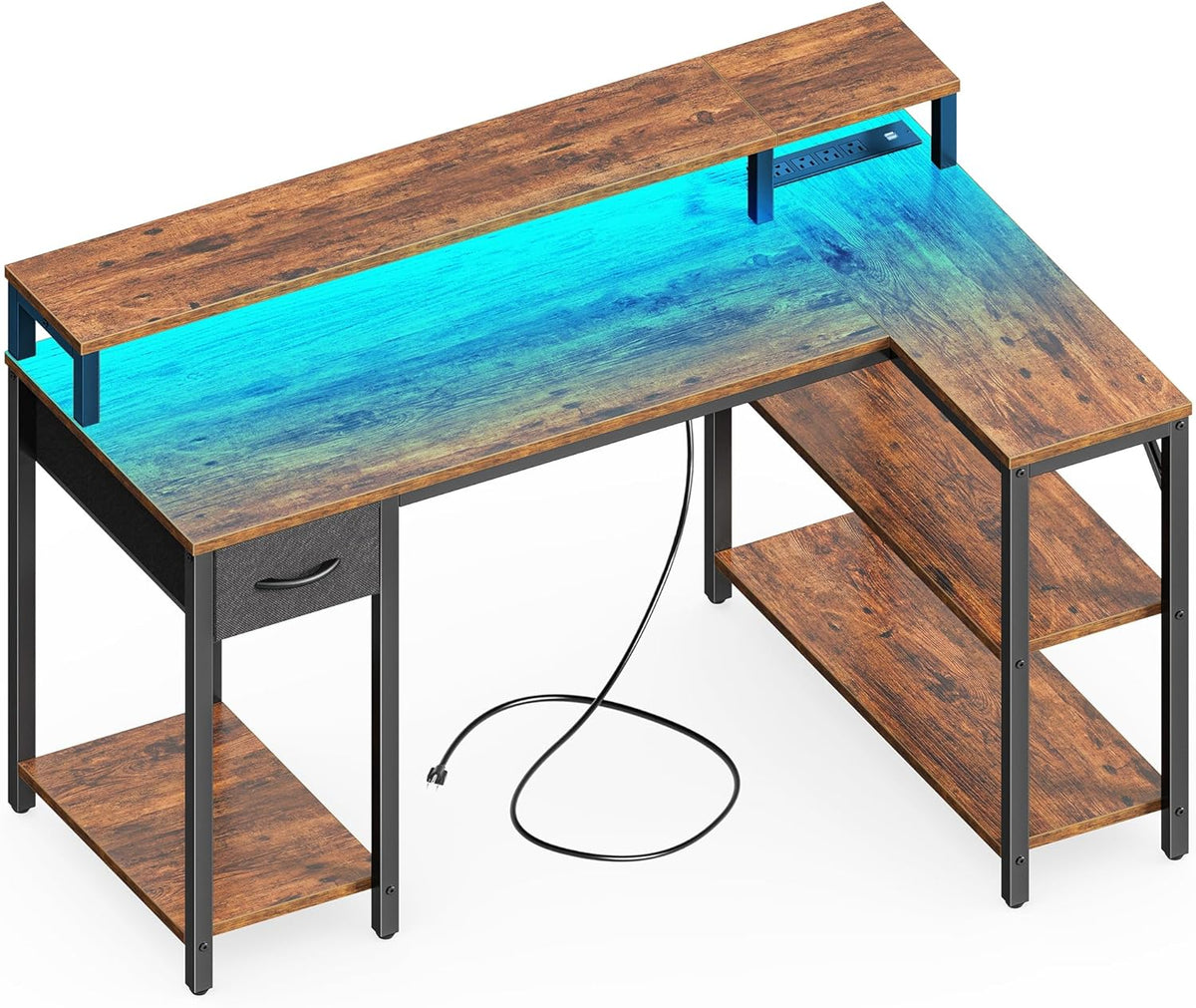 SUPERJARE 47 inch Reversible L Shaped Desk with LED Lights & Power Outlets, Computer Desk with Shelves & Monitor Stand, Gaming Desk with Drawer, Home Office Desk Corner Desk, Rustic Brown