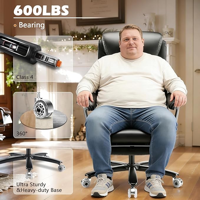 600LBS Large Heavy Duty Office Chair with Foot Rest,Reclining Big and Tall Office Chair with Pocket Spring Cushion, Comfy High Back with Adjustable Lumbar Support,Dual Rubber Wheel