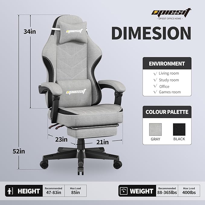 Gaming Chair,Fabric Computer Chair with Pocket Spring Cushion,400 lb Load Capacity,Ergonomic Office Chair with Footrest,Height Adjustable Video Gamer Chair with Lumbar Support (Grey)