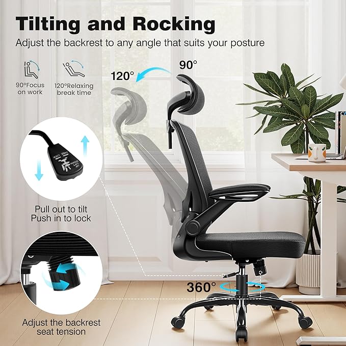 Ergonomic Office Desk Chair Comfy, High Back Mesh Office Desk Chairs with Adjustable Lumbar Support, Headrest, Flip-up Armrests, Home Computer Chair for Gaming, Work, Black