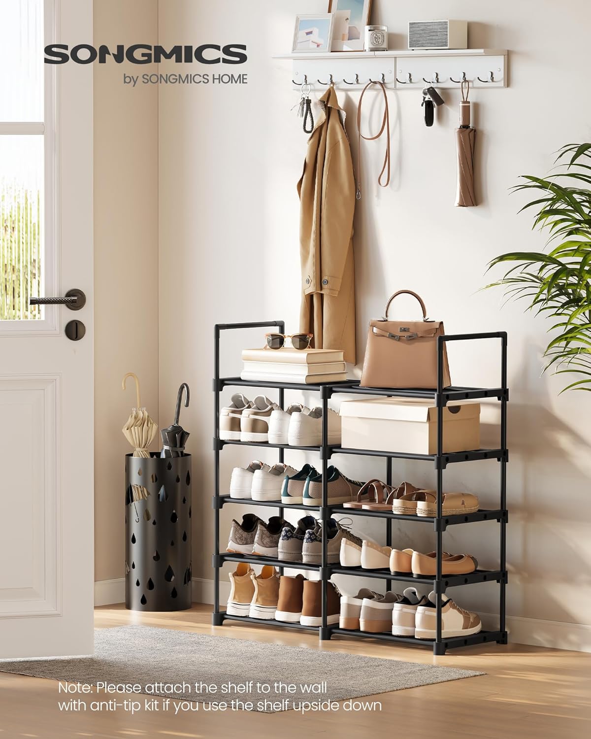 SONGMICS Shoe Rack, 10-Tier Shoe Organizer, Metal Storage Shelf, Upright or Upside Down, for 11-22 Pairs, for Entryway, 11.8 x 17.7 x 68.5 Inches, Black ULSA25BK