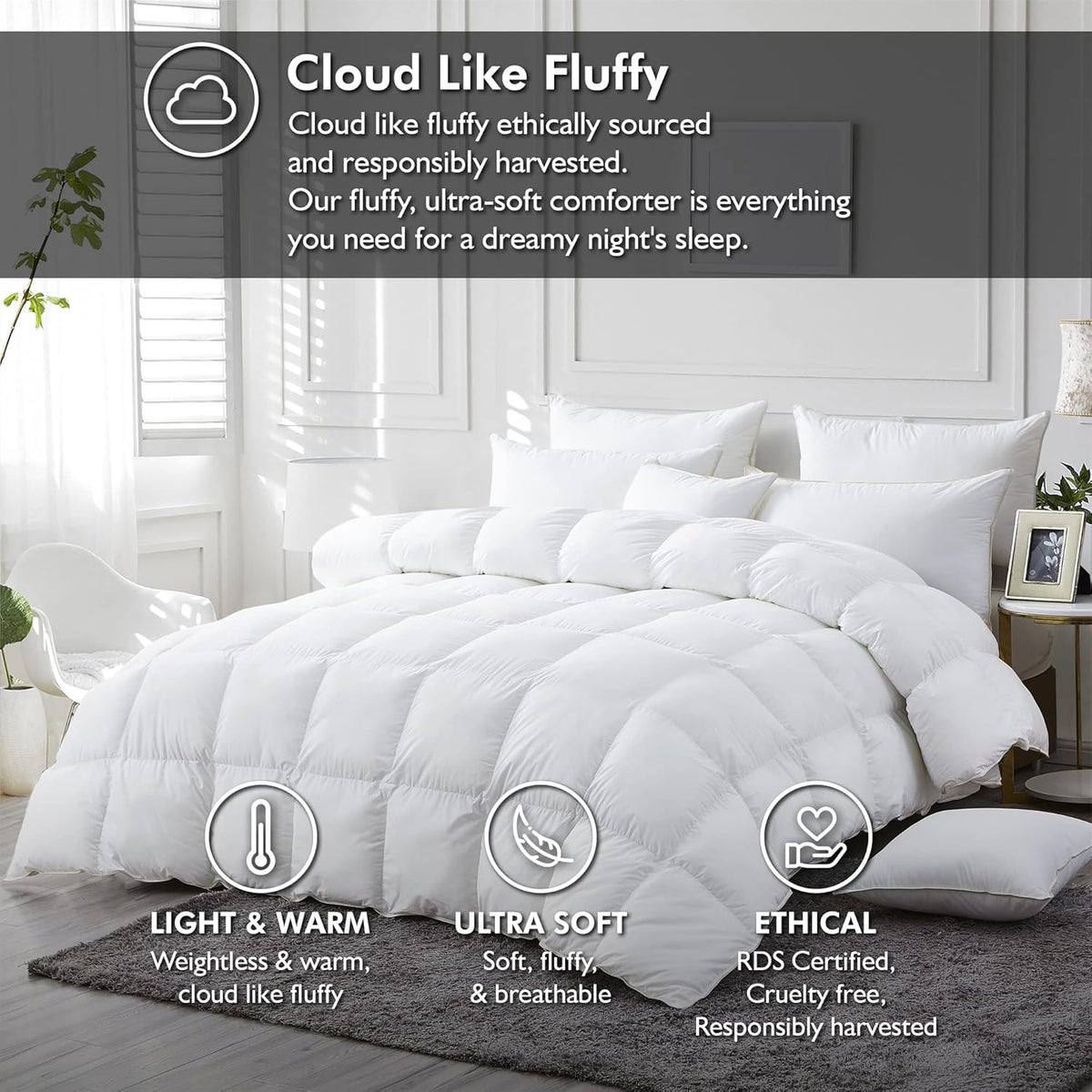 Luxurious White Solid Medium Weight, Palatial King Size Goose Feathers Down Comforter for All-Season Weather, 120 X 98 inches, Premium Baffle Box, 100% Egyptian Cotton Cover, 85 oz. Fill Weight