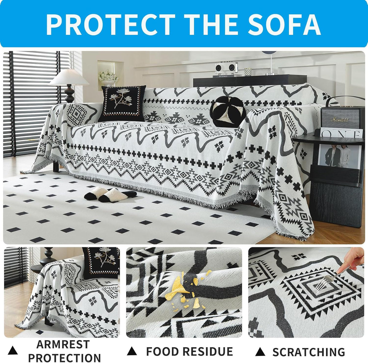 LUFEIJIASHI Boho Couch Covers for Sofa Non Slip Sofa Covers Washable Couch Covers for 3 Cushion Couch Sofa Pet Friendly Sectional Couch Cover Blanket Furniture Protector for Dogs (Black, 71"x150")
