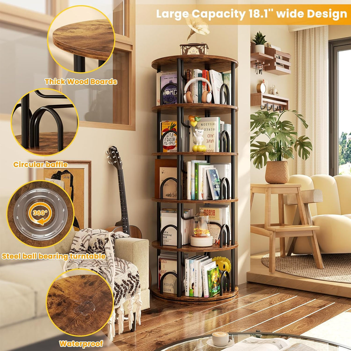 Aheaplus 5 Tier Rotating Bookshelf Tower, 360 Display Spinning Bookcase, Revolving Round Book Shelf Narrow Swivel Bookshelf, Vertical Turning Corner Book Organizer for Small Space, Rustic Brown