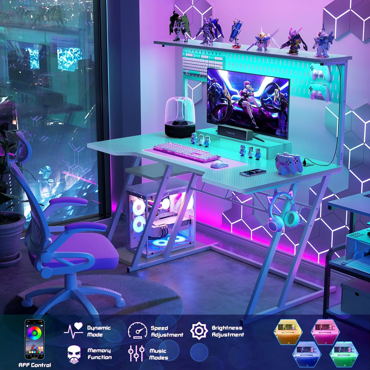 Armocity Gaming Computer Desk with Power Outlets, Gaming Desk with Hutch and LED Lights, Reversible PC Gaming Desk with Pegboard, Carbon Fiber White, 47"