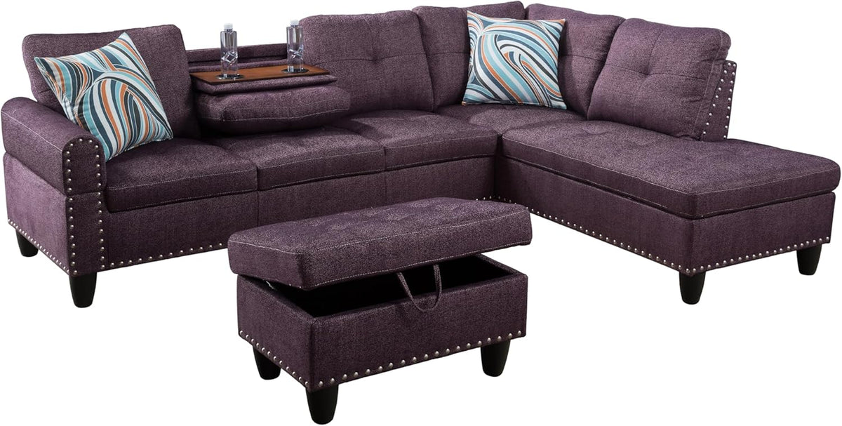 L Shaped Sectional Couch with Otttoman, 97" Sectional Sofa for Living Room Flannel Modular Couches with Cup Holders for Bedroom, Apartments, Purple
