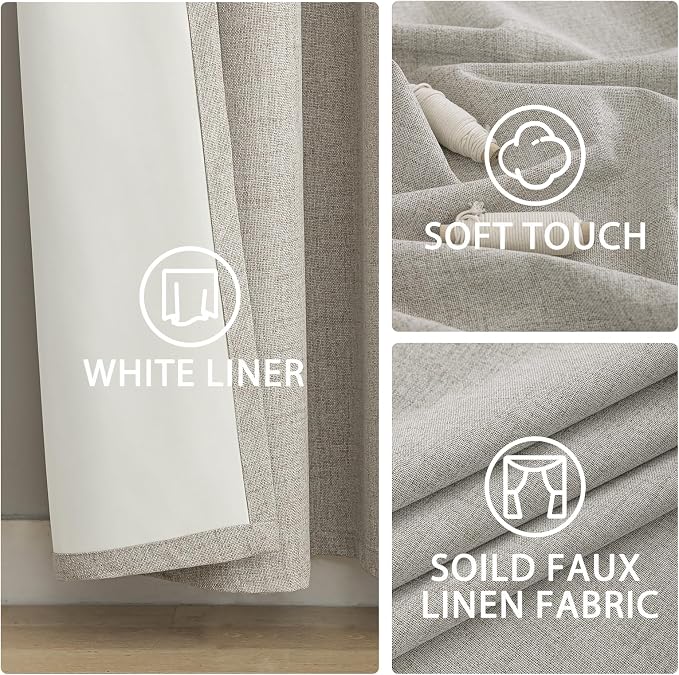 Yakamok Oatmeal Linen Curtains 100% Blackout 96 Inches Long, Room Darkening