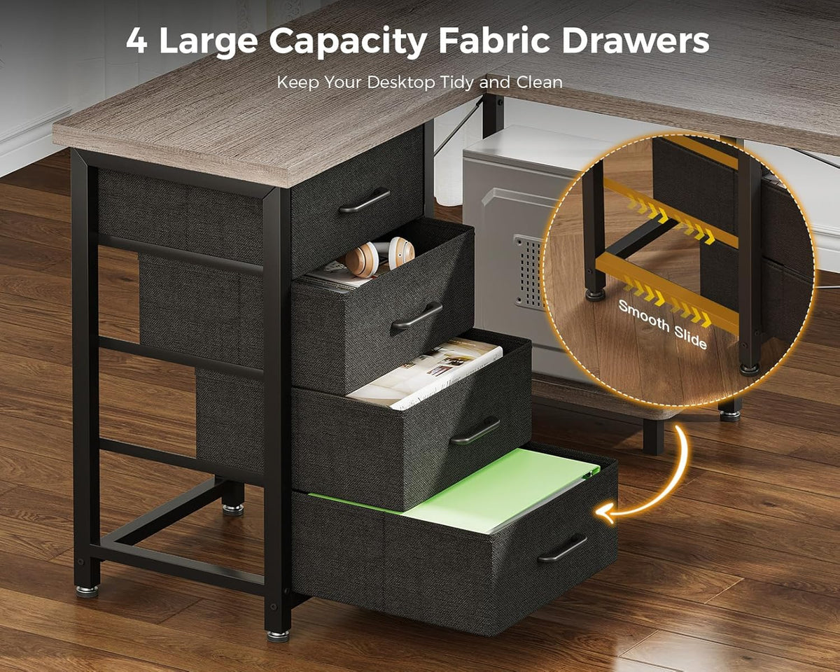 AODK L Shaped Desk with 4 Tier Drawers, 53" Reversible Gaming Desk with Power Outlets, L Shaped Computer Desk with USB Charging Port and Host Stand, Home Office Corner Desk, Easy to Assemble, Grey Oak