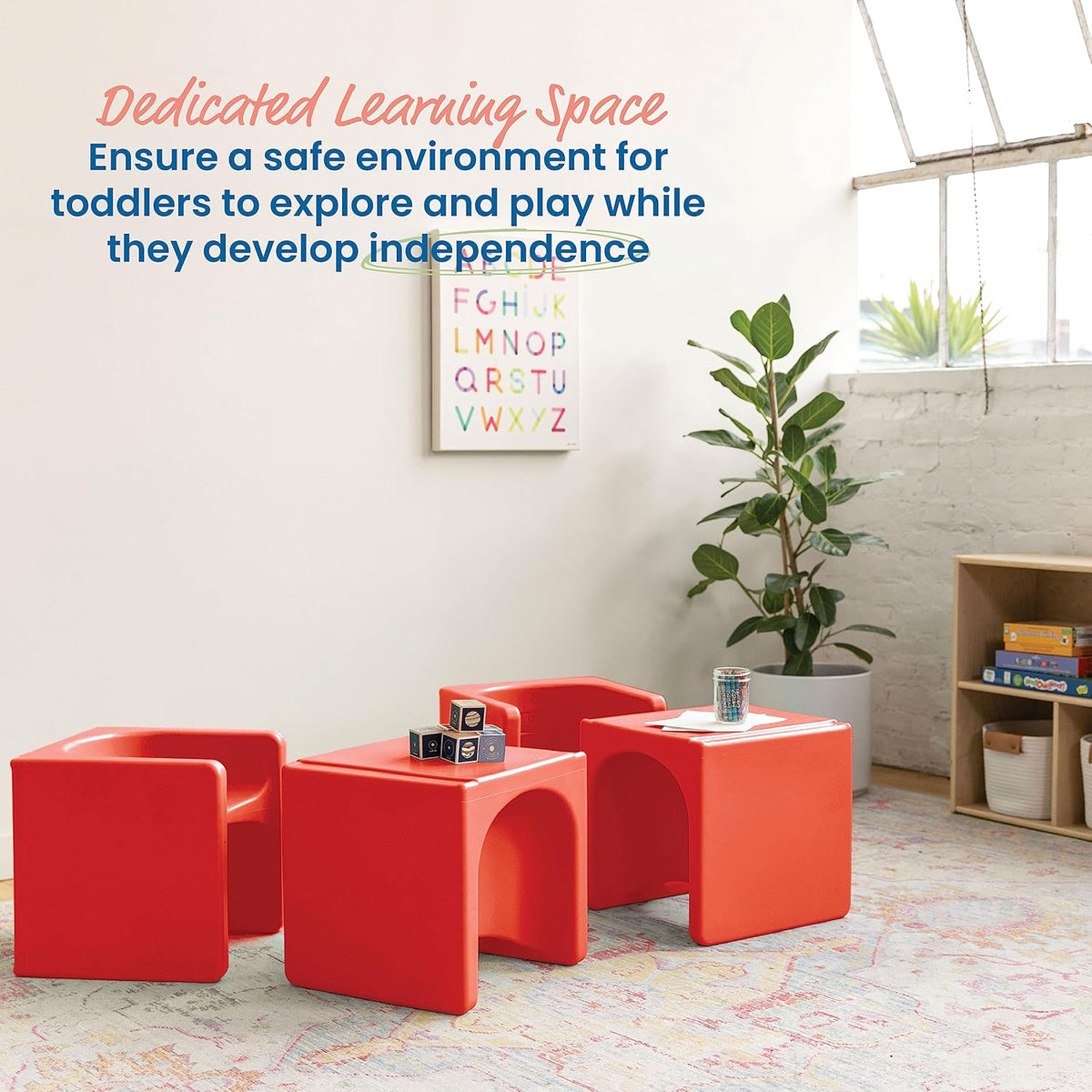 ECR4Kids Tri-Me Table and Cube Chair Set, Multipurpose Furniture, Red, 3-Piece