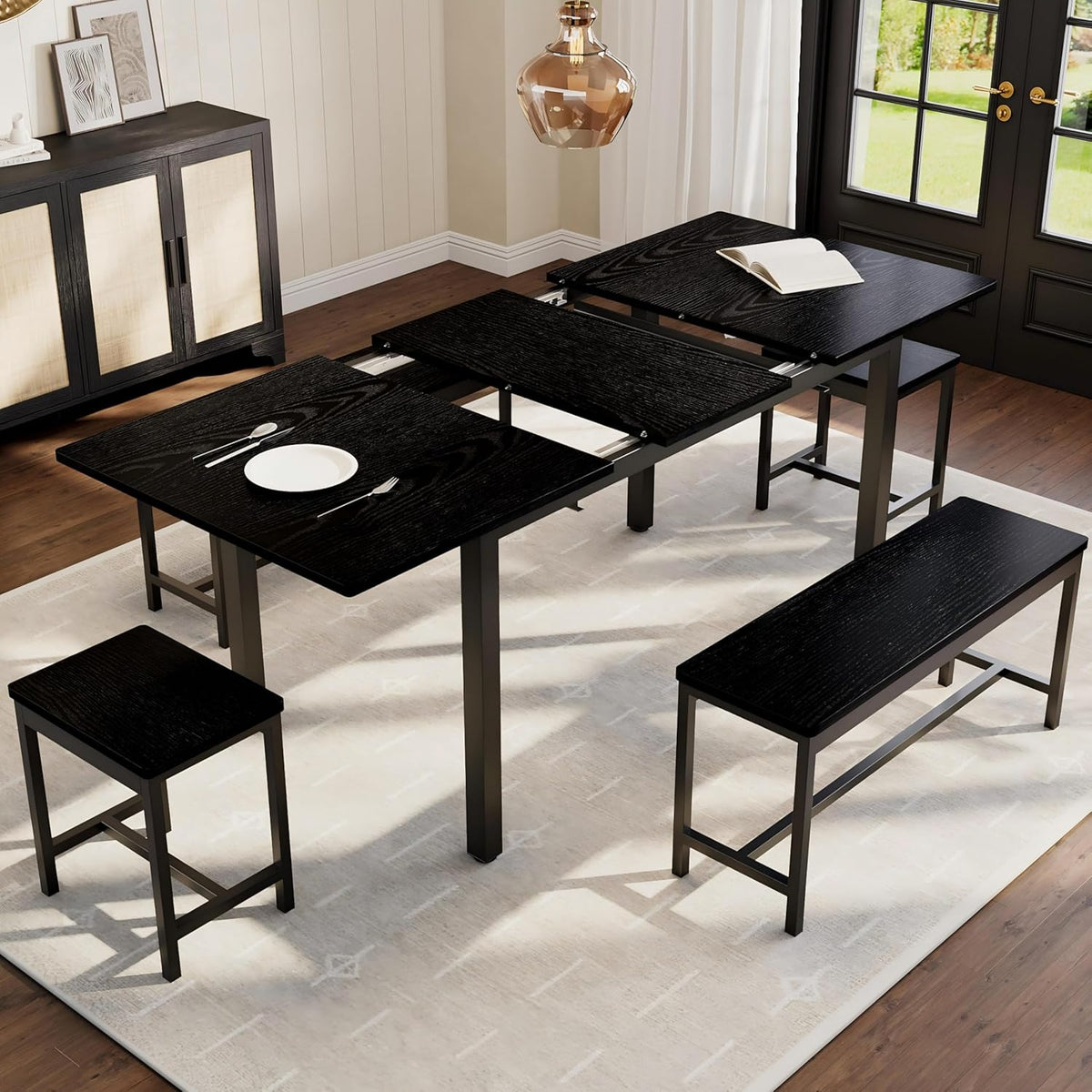 IDEALHOUSE 5-Piece Extendable Dining Table Set for 4-8 People, 63 Inch Kitchen Table with 2 Benches & 2 Stools, Space Saving Modern Dining Room Furniture, Easy Assembly, Black