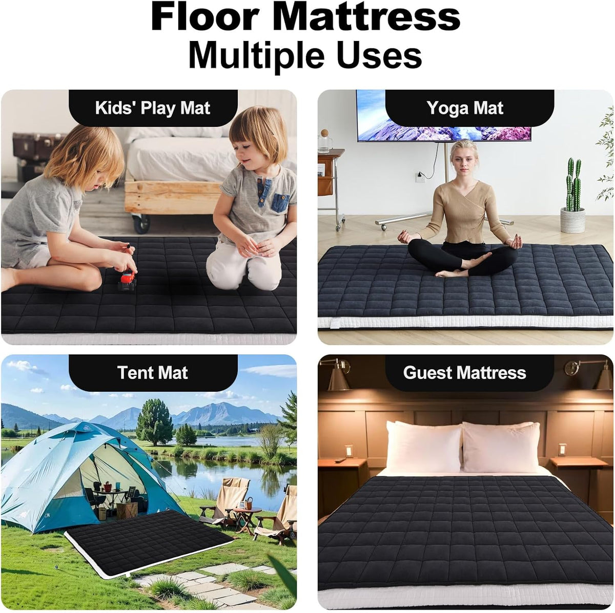 Tiita Japanese Floor Mattress, 4” Thicken Futon Mattress with Storage Bag and 2 Straps，Queen Size Sleeping Tatami Mat for Adults，Black