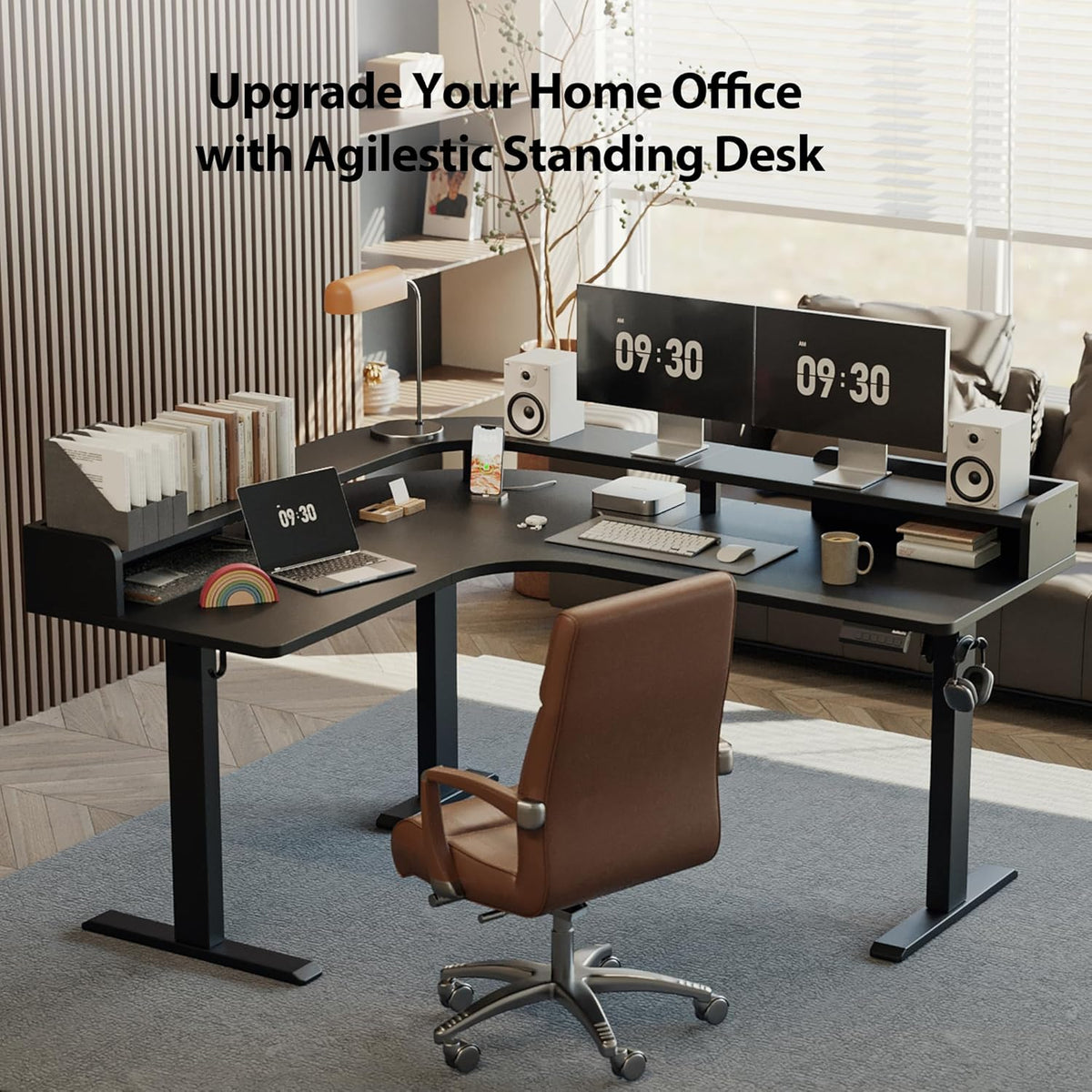 Agilestic L Shaped Standing Desk, Corner Desk with Monitor Shelf, Adjustable Height Gaming Table, Sit Stand Up Table, 63 x 55 Inch Home Office Computer Workstation, Splice Board, Black